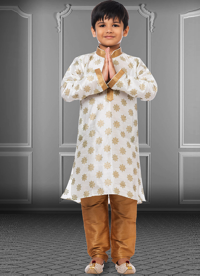 White Dhupion Silk Foil Printed Boys Kurta Pyjama Party Wear