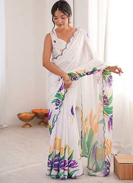 White Digital Print Chinon Cut Work Foil Mirror Border Saree