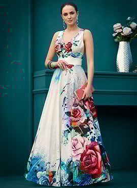 White Digital Printed Anarkali Gown