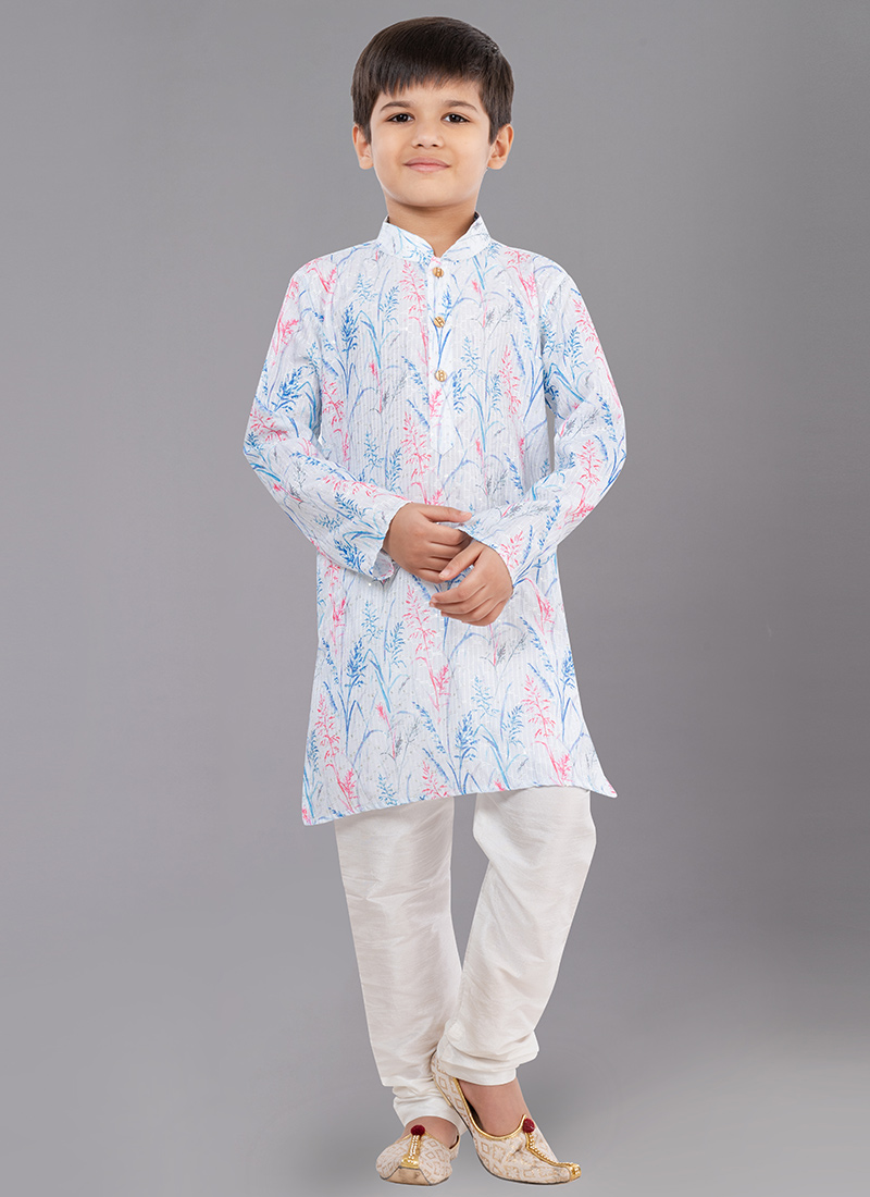 White Digital Printed Kids Kurta Pyjama Party Wear
