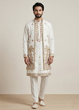 White Donear Satin Thread Embroidered Bandi Set