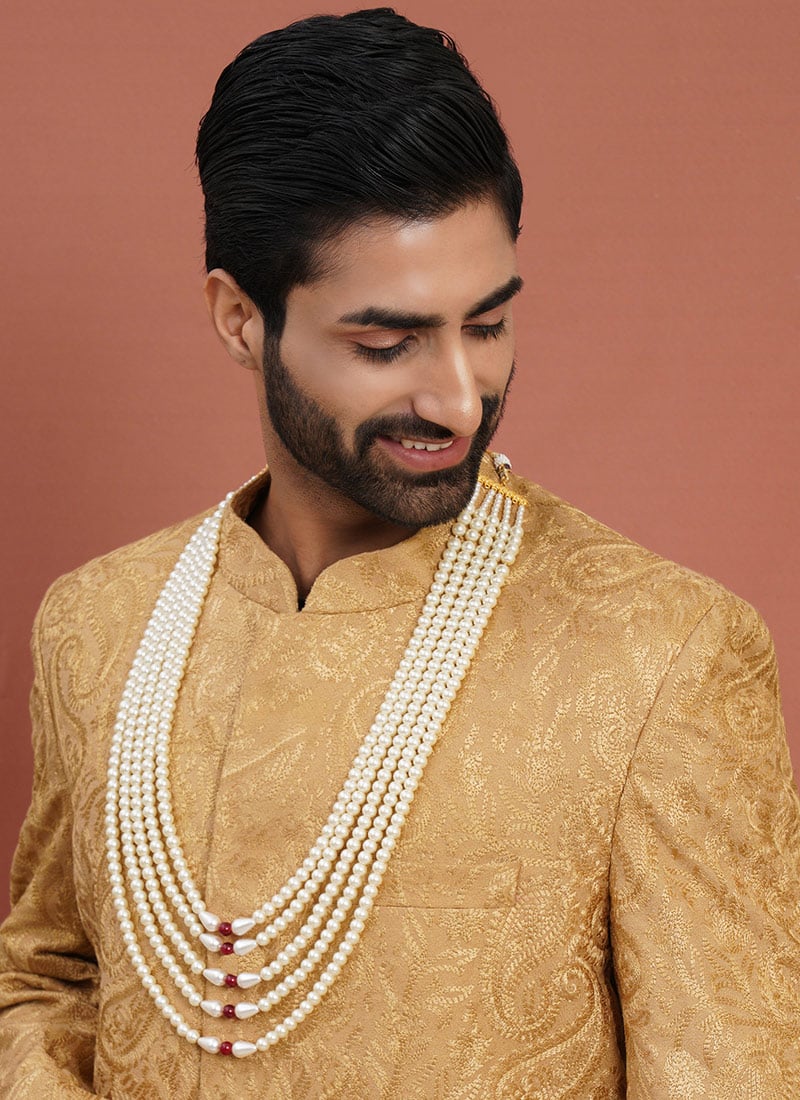 White Dual Tone Gold Plated Pearl Layered Necklace For Men Wedding Wear