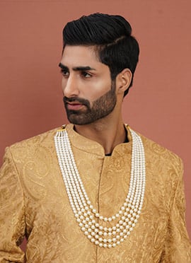 White Dual Tone Gold Plated Pearl Layered Necklace For Men