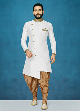White Dupion Art Silk Classic Sherwani
