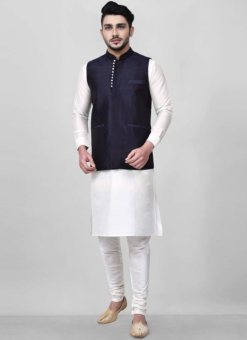 White Dupion Bandi Set Festive Wear