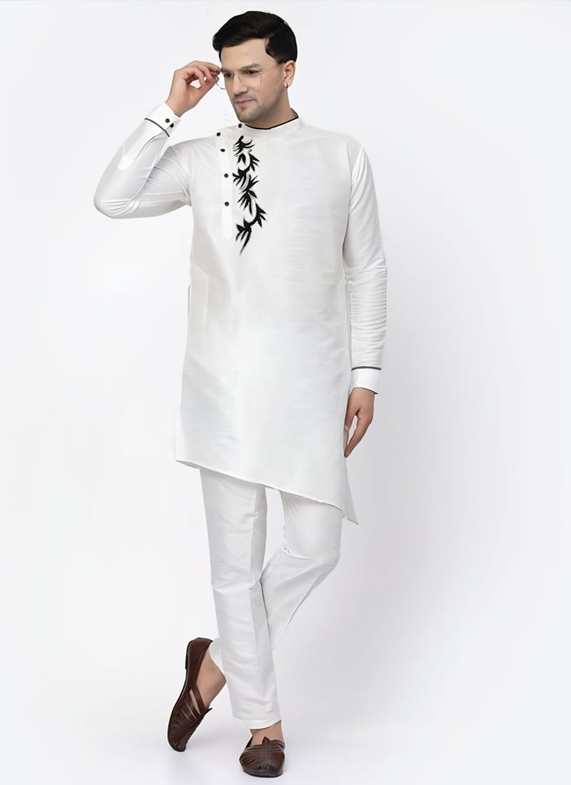 White Dupion Embroidered Kurta Pyjama Festive Wear