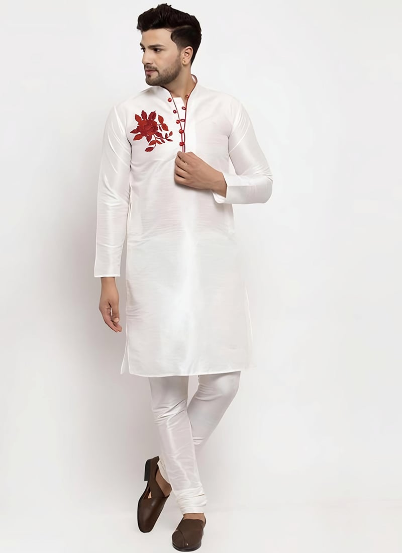 White Dupion Kurta Pyjama Festive Wear