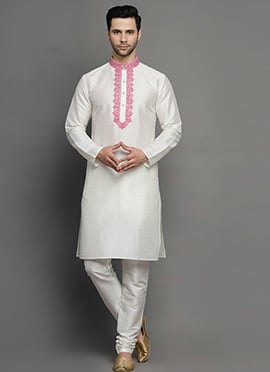 White Dupion Silk Embroidered Kurta Pyjama For Men