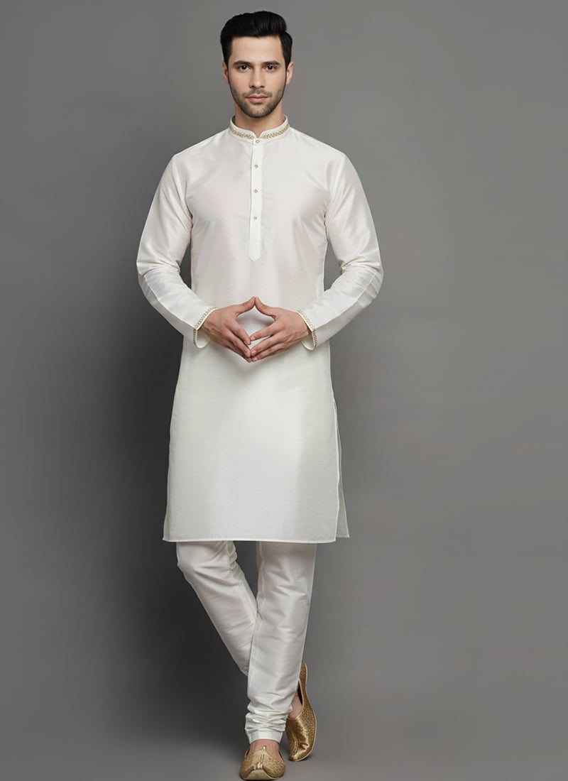 White Dupion Silk Embroidered Kurta Pyjama For Men Festive Wear