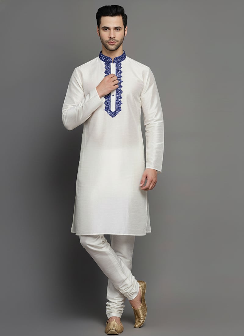 White Dupion Silk Embroidered Kurta Pyjama For Men Festive Wear