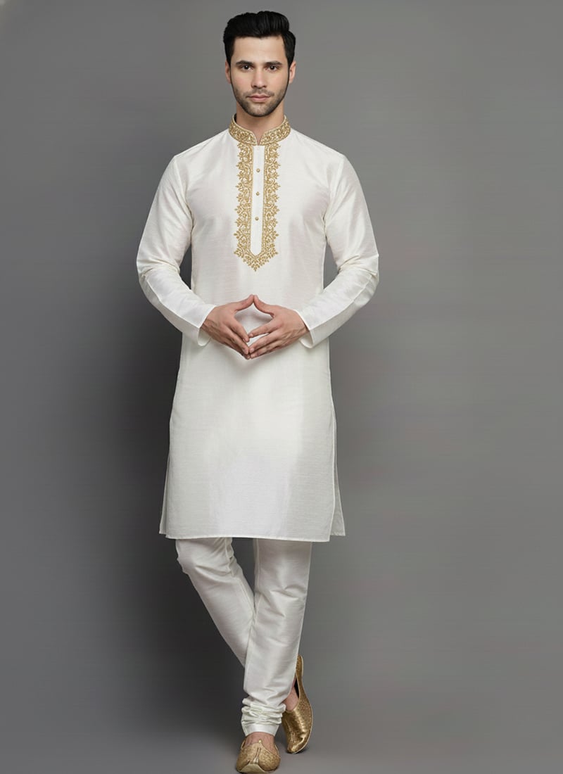 White Dupion Silk Embroidered Kurta Pyjama For Men Festive Wear