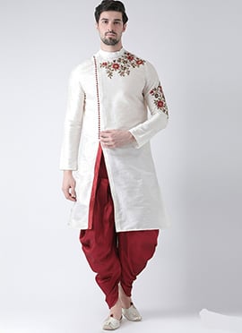 White Dupion Silk Embroidered Kurta Pyjama For Men