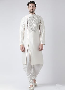 White Dupion Silk Embroidered Kurta Pyjama For Men