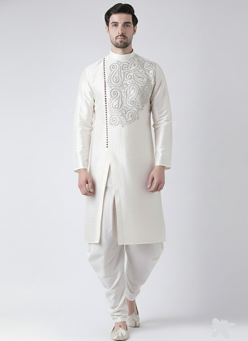 White Dupion Silk Embroidered Kurta Pyjama For Men Festive Wear