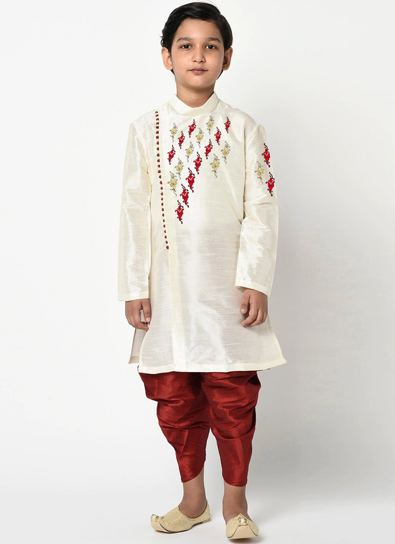 White Dupion Silk Embroidered Kurta Pyjama