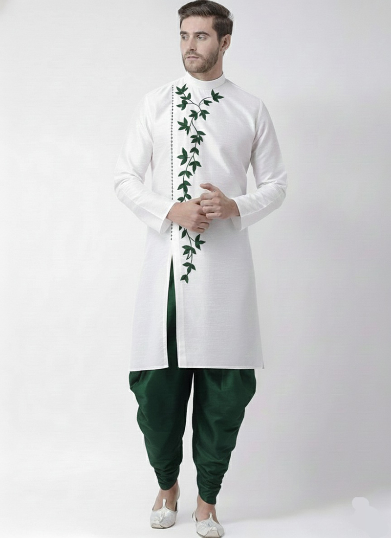 White Dupion Silk Embroidered Kurta Pyjama Festive Wear