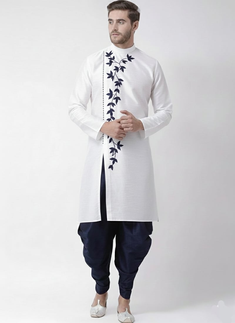 White Dupion Silk Embroidered Kurta Pyjama Festive Wear