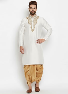 White Dupion Silk Embroidered Kurta Pyjama