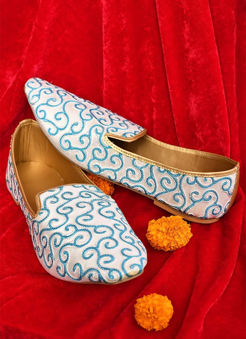 White Dupion Silk Embroidered Mojri