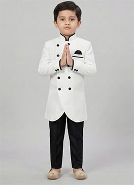 White Dupion Silk Kids Boys Indowestern Sherwani