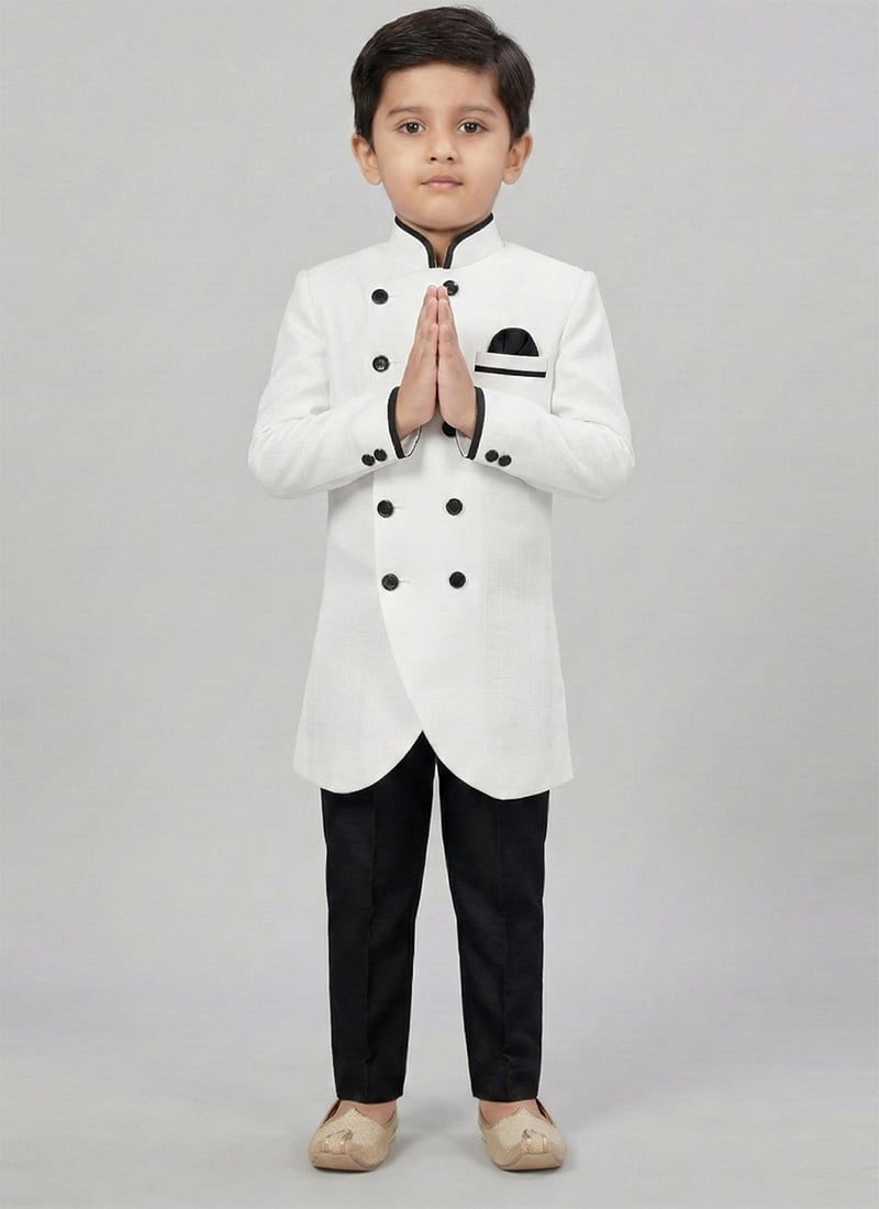 White Dupion Silk Kids Boys Indowestern Sherwani Festive Wear