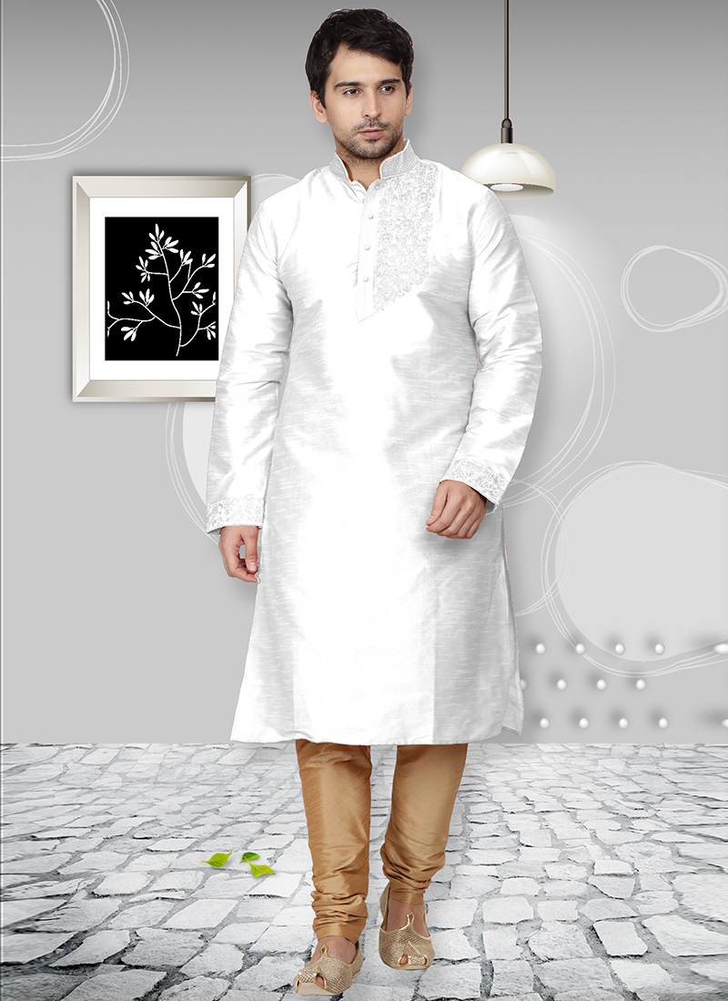 White Dupion Silk Kurta Pyjama Party Wear