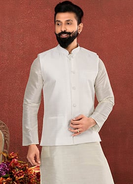 White Dupion Silk Nehru jacket