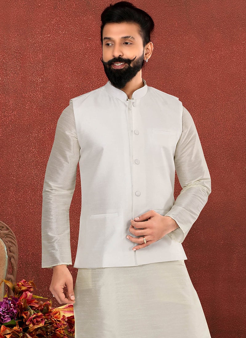 White Dupion Silk Nehru jacket