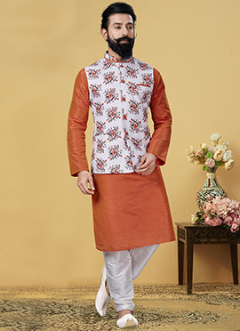 White Dupion Silk Printed Bandi Set