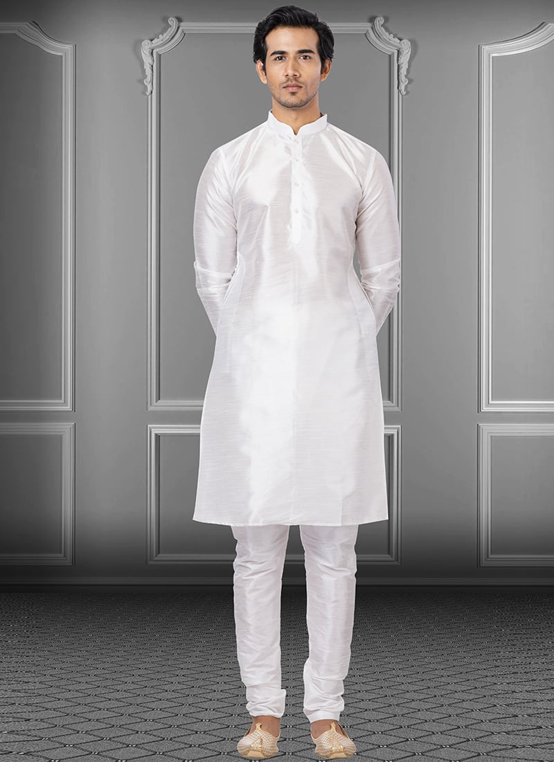 White Dupion Silk Soild Plain Kurta Pyjama  Party Wear