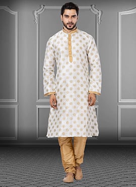 White Dupion Silk Zari Work Kurta Pyjama