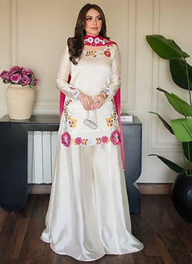 White Embroidered Beads Work Silk Palazzo Suit