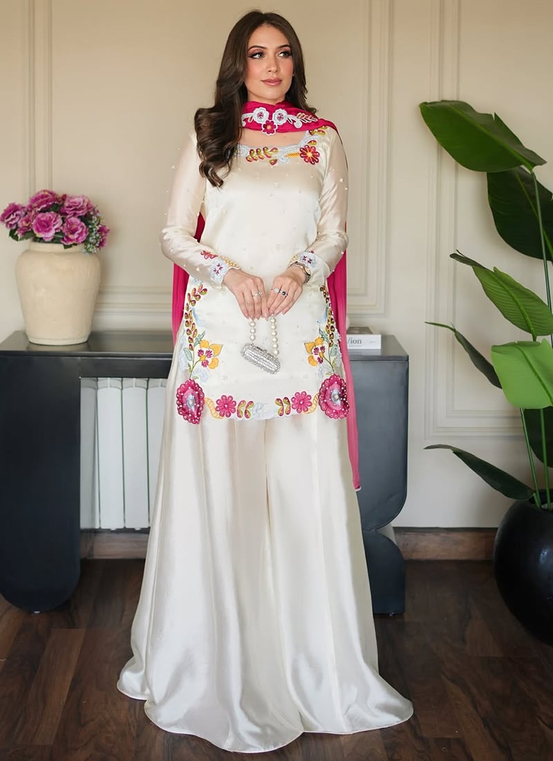 White Embroidered Beads Work Silk Palazzo Suit Festive Wear