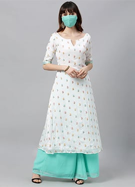 White Embroidered Calf Length Kurta Set
