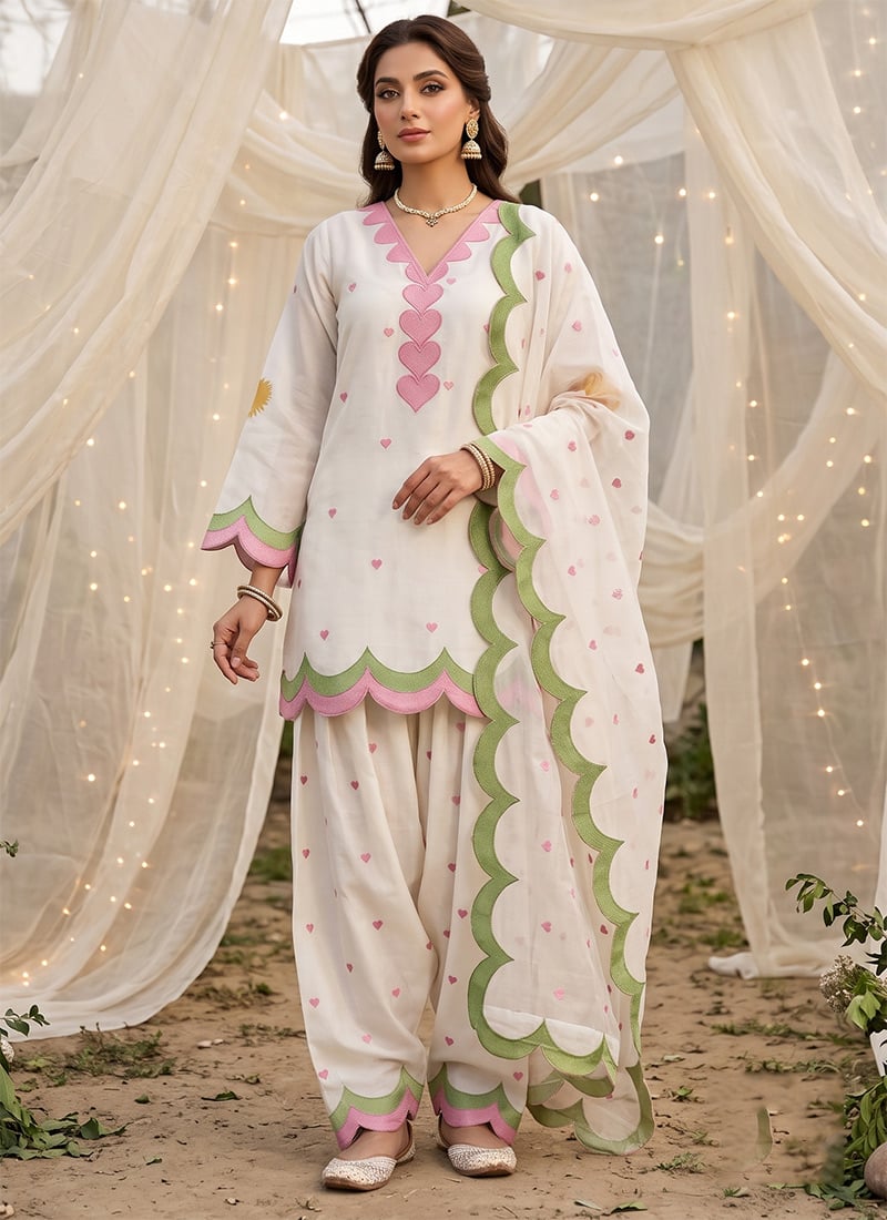 White Embroidered Chanderi Cotton Farshi Salwar Suit Festive Wear
