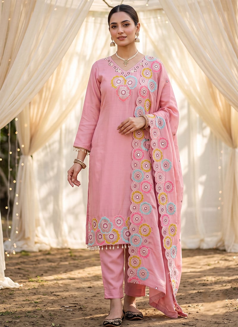 White Embroidered Chinon Silk Straight Pant Kurta Set Festive Wear