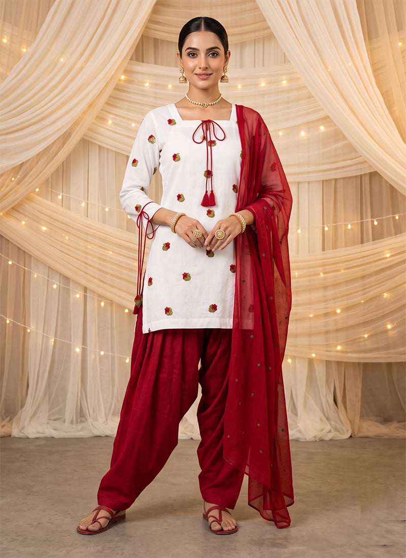 White Embroidered Cotton Farshi Salwar Suit Festive Wear