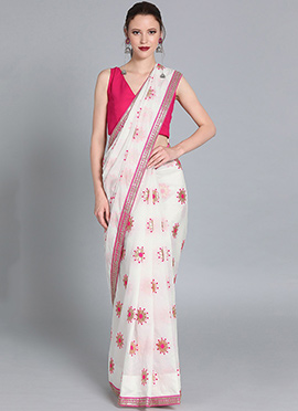 White Embroidered Cotton Low V Neck Saree
