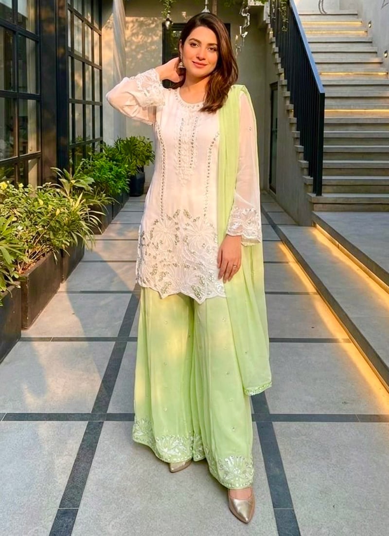 White Embroidered Georgette Palazzo Suit Festive Wear
