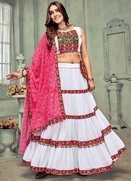 White Embroidered Kutch Work Faux Georgette Chaniya Choli Ensemble