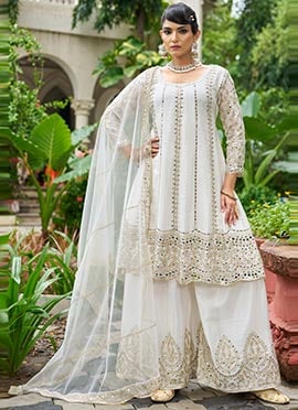White Embroidered Mirror Work Chinon A Line Palazzo Suit