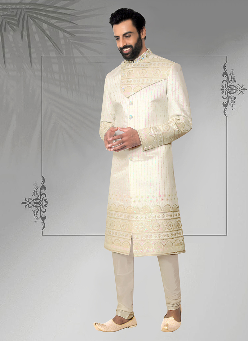 White Embroidered Sequins Classic Sherwani Wedding Wear