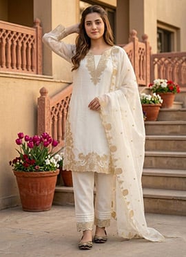 White Embroidered Sequins Georgette Straight Pant Suit