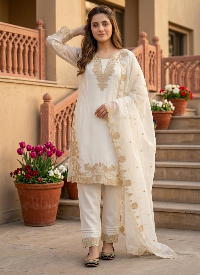 White Embroidered Sequins Georgette Straight Pant Suit Festive Wear