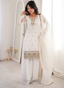 White Embroidered Sequins Silk Palazzo Suit