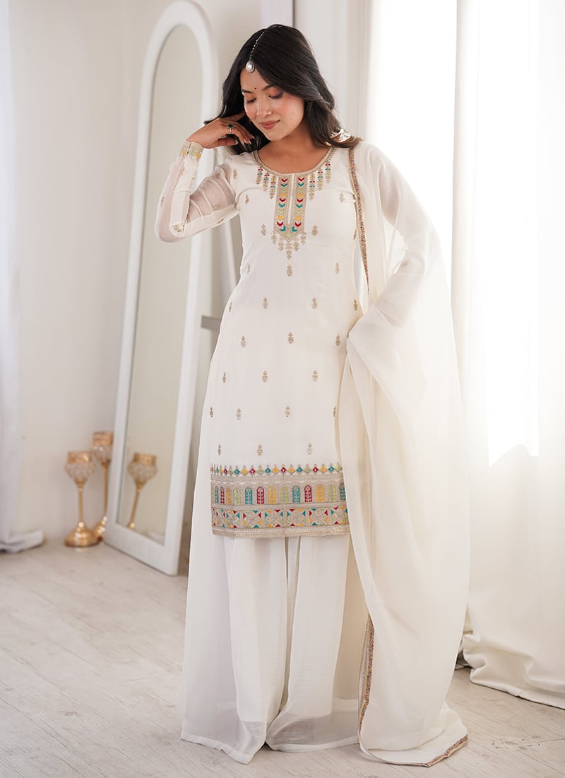 White Embroidered Sequins Silk Palazzo Suit Festive Wear