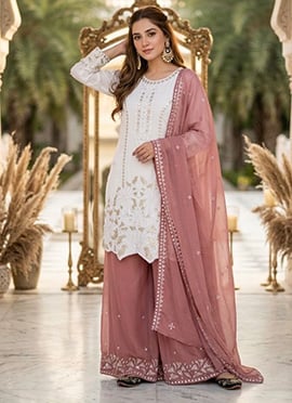 White Embroidered Sequins Georgette Palazzo Suit