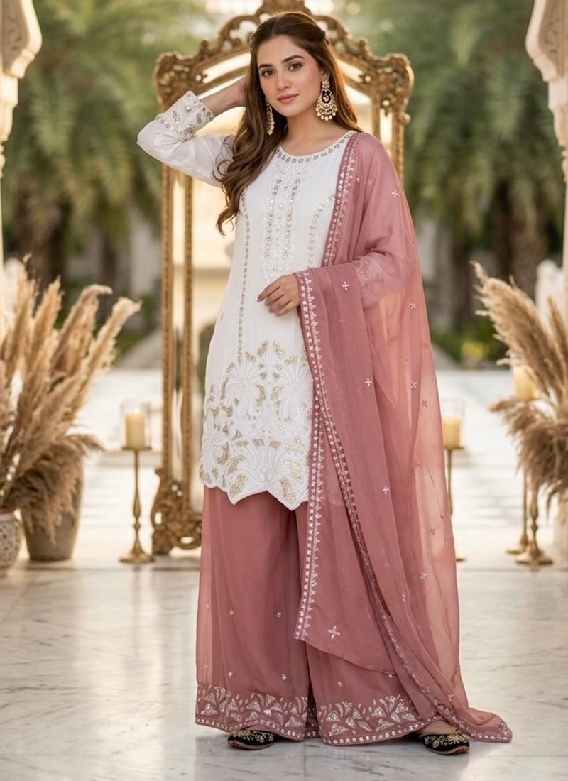 White Embroidered Sequins Silk Palazzo Suit Festive Wear