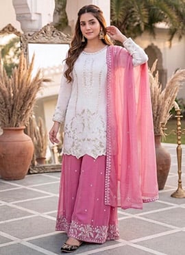 White Embroidered Sequins Silk Palazzo Suit