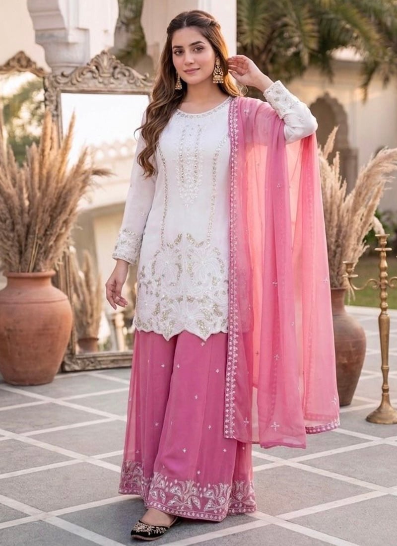 White Embroidered Sequins Silk Palazzo Suit Festive Wear